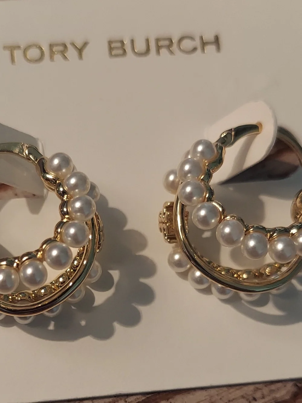 Tory Burch Gold Hoop Earrings with White Pearls
